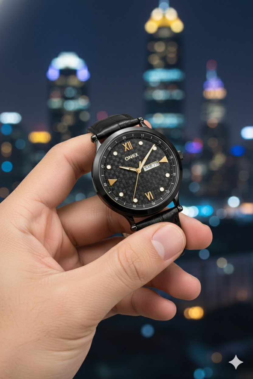 ONEX Men’s Analog Watch with Day & Date Display, Black Textured Dial, Black Leather Strap, Roman Index – Stylish Formal Wrist Watch for Men