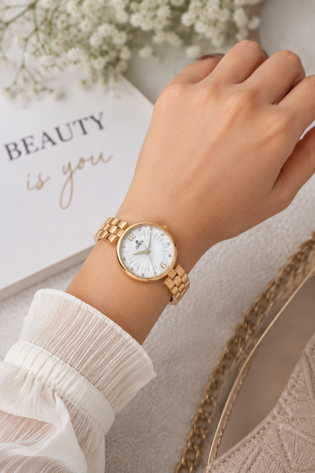 ONEX Women’s RoseGold-Tone Designer Bracelet Watch with Crystal Studded Dial Silver
