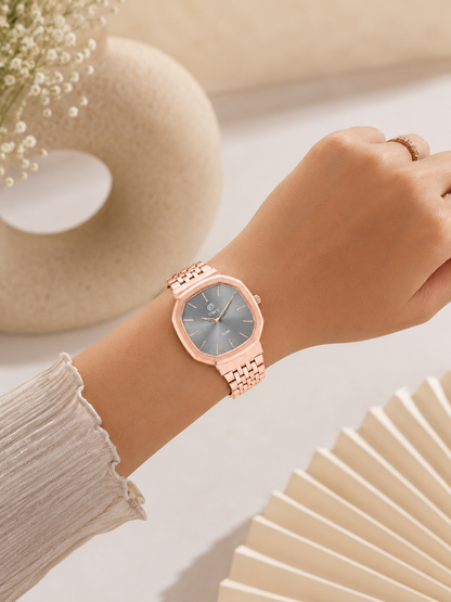 Onex Slim Rose Gold Stainless Steel Analog Watch for Women | Grey Sunray Dial | Elegant Bracelet Strap