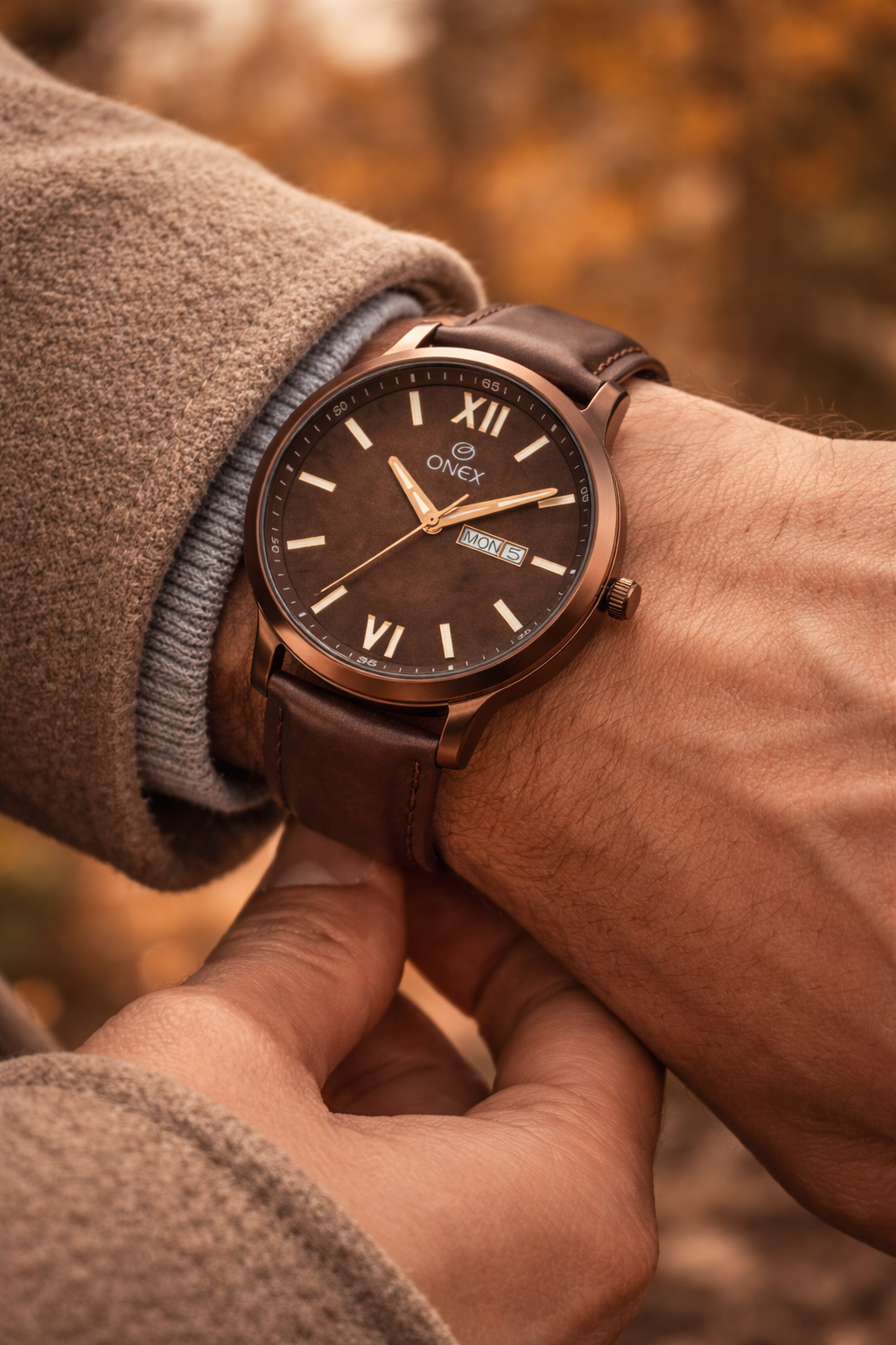 ONEX Men's Day & Date Analog Watch – Brown Dial, Brown Case & Brown Leather Strap