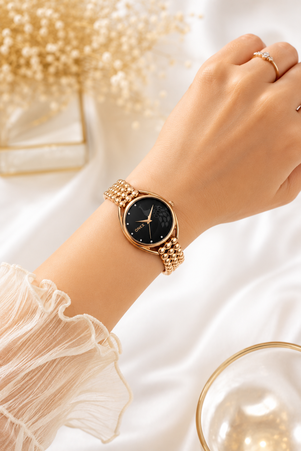ONEX Elegant Rose Gold Bracelet Watch for Women | Stylish Black Dial Analog Watch | Party & Daily Wear
