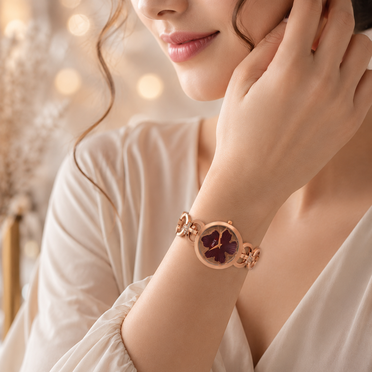 ONEX Rose Gold Women’s Bracelet Watch with Brown Textured Dial & Crystal Accents