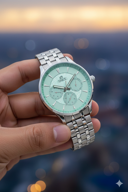 ONEX Men's Premium Multifunction Analog Watch for Men | Peach Sunray Dial | Silver Stainless Steel Bracelet | Quartz Movement | Stylish Casual & Formal Wrist Watch