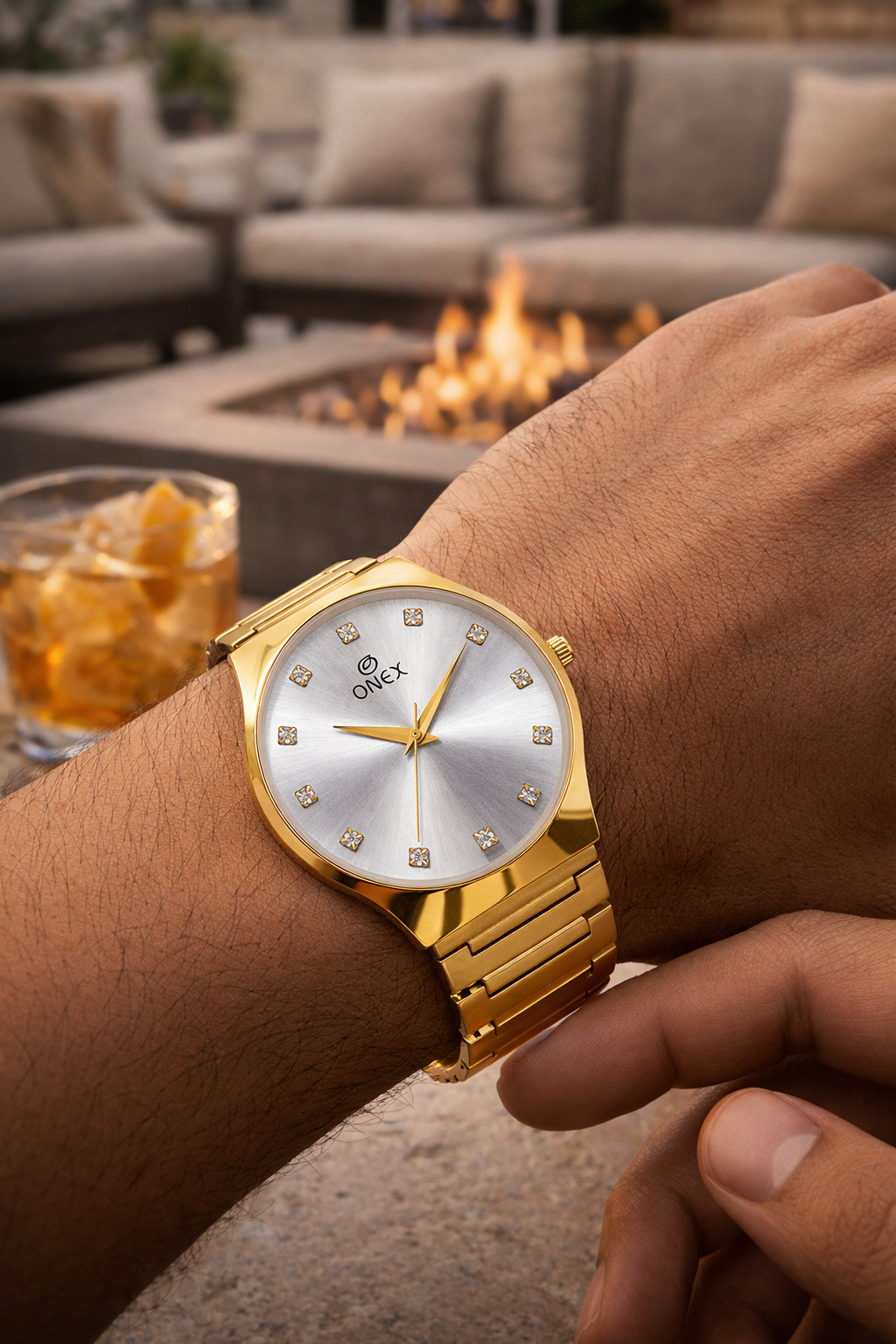 ONEX Premium Gold-Tone Analog Watch with Gold Sunray Dial & Crystal Hour Markers