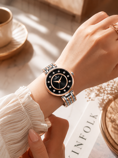 Onex Women’s Black Analog Watch with Crystal Studded Dial & Dual Tone Bracelet Strap