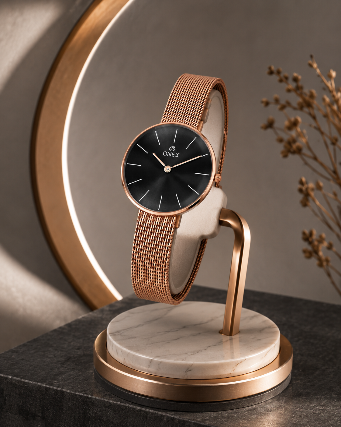ONEX Women’s Rose Gold Analog Watch with Minimalist Dial & Mesh Metal Strap
