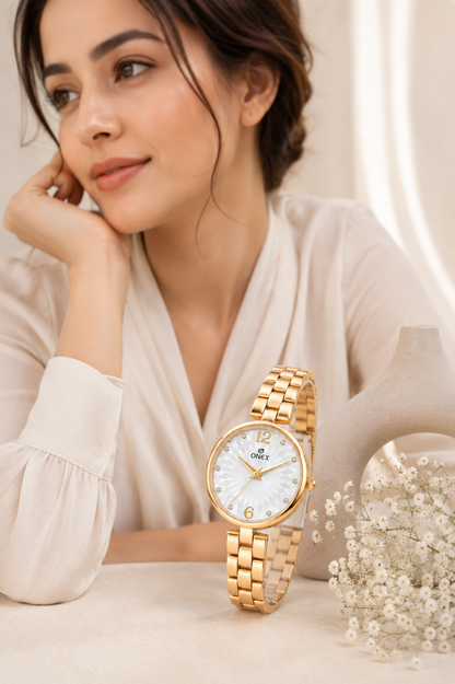 ONEX Women’s RoseGold-Tone Designer Bracelet Watch with Crystal Studded Dial Silver