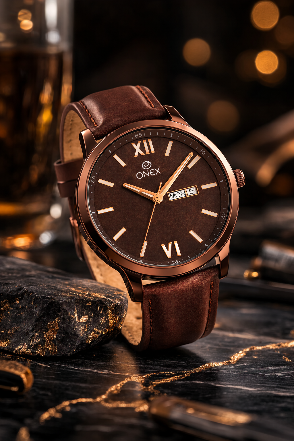 ONEX Men's Day & Date Analog Watch – Brown Dial, Brown Case & Brown Leather Strap