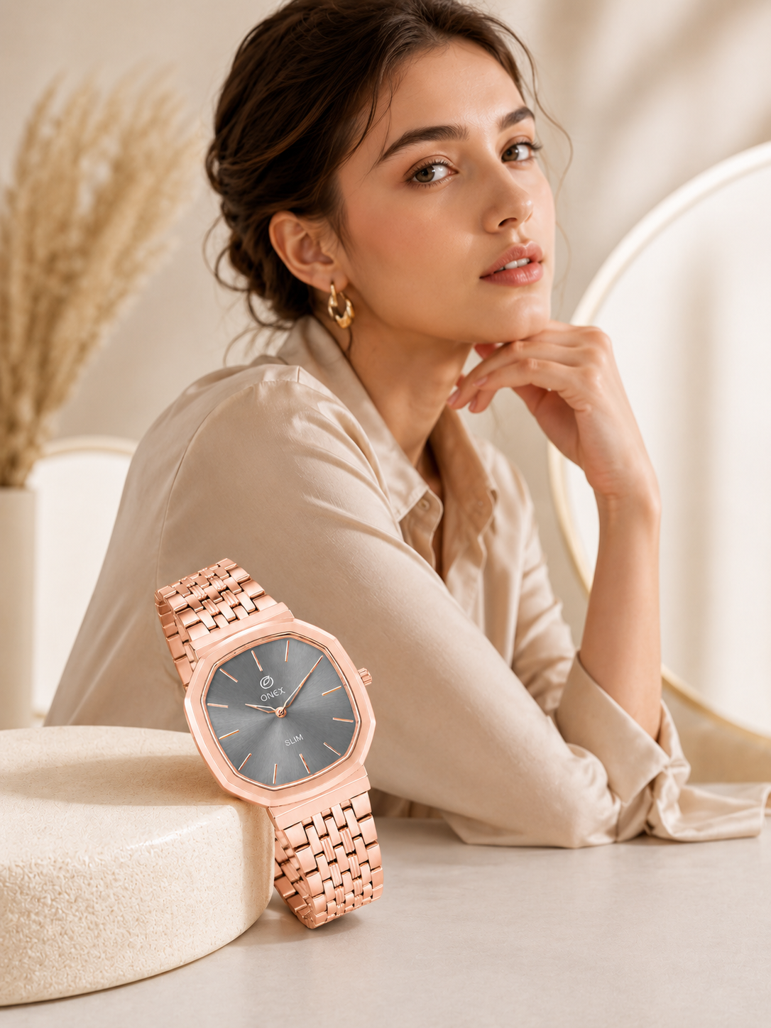 Onex Slim Rose Gold Stainless Steel Analog Watch for Women | Grey Sunray Dial | Elegant Bracelet Strap
