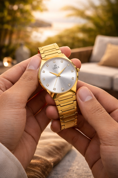 ONEX Premium Gold-Tone Analog Watch with Gold Sunray Dial & Crystal Hour Markers