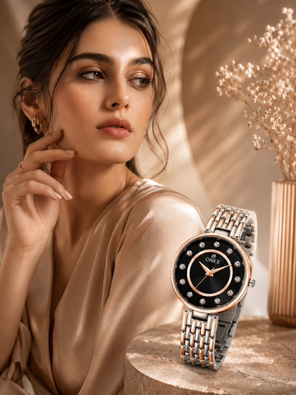 Onex Women’s Black Analog Watch with Crystal Studded Dial & Dual Tone Bracelet Strap