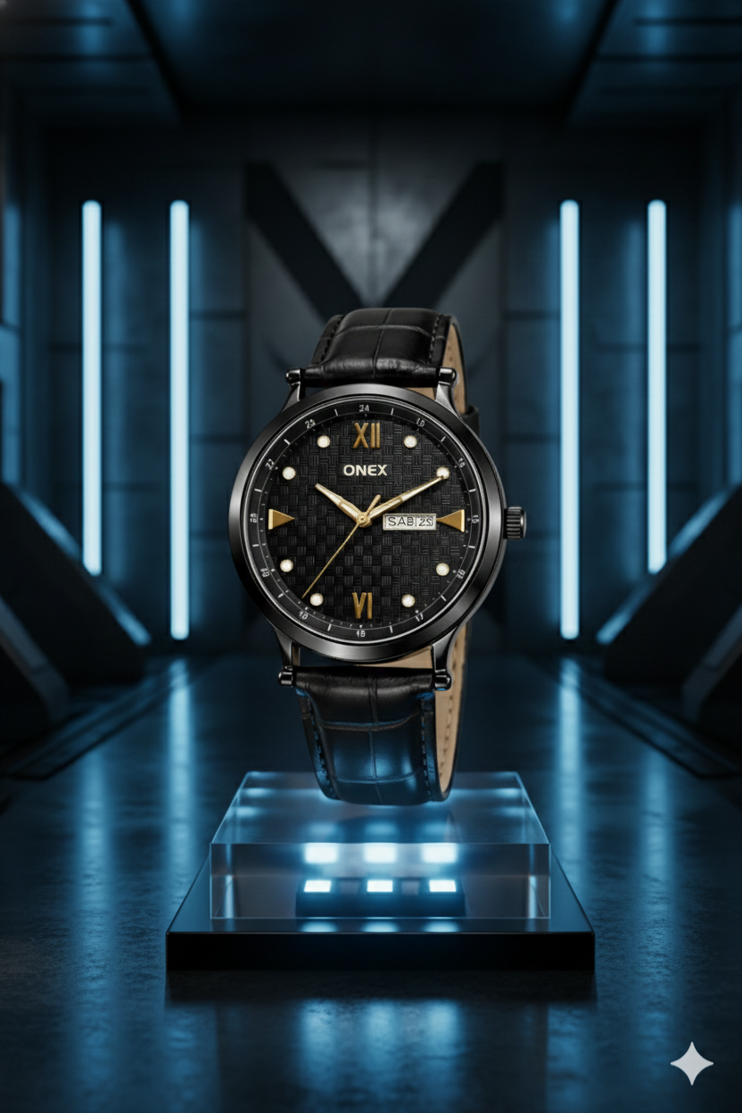 ONEX Men’s Analog Watch with Day & Date Display, Black Textured Dial, Black Leather Strap, Roman Index – Stylish Formal Wrist Watch for Men