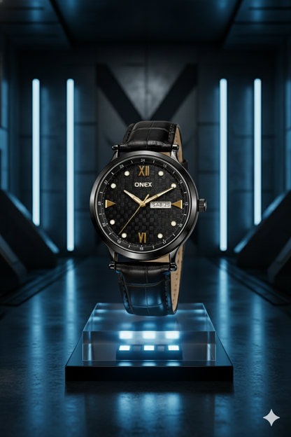 ONEX Men’s Analog Watch with Day & Date Display, Black Textured Dial, Black Leather Strap, Roman Index – Stylish Formal Wrist Watch for Men