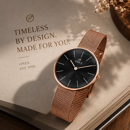 ONEX Women’s Rose Gold Analog Watch with Minimalist Dial & Mesh Metal Strap