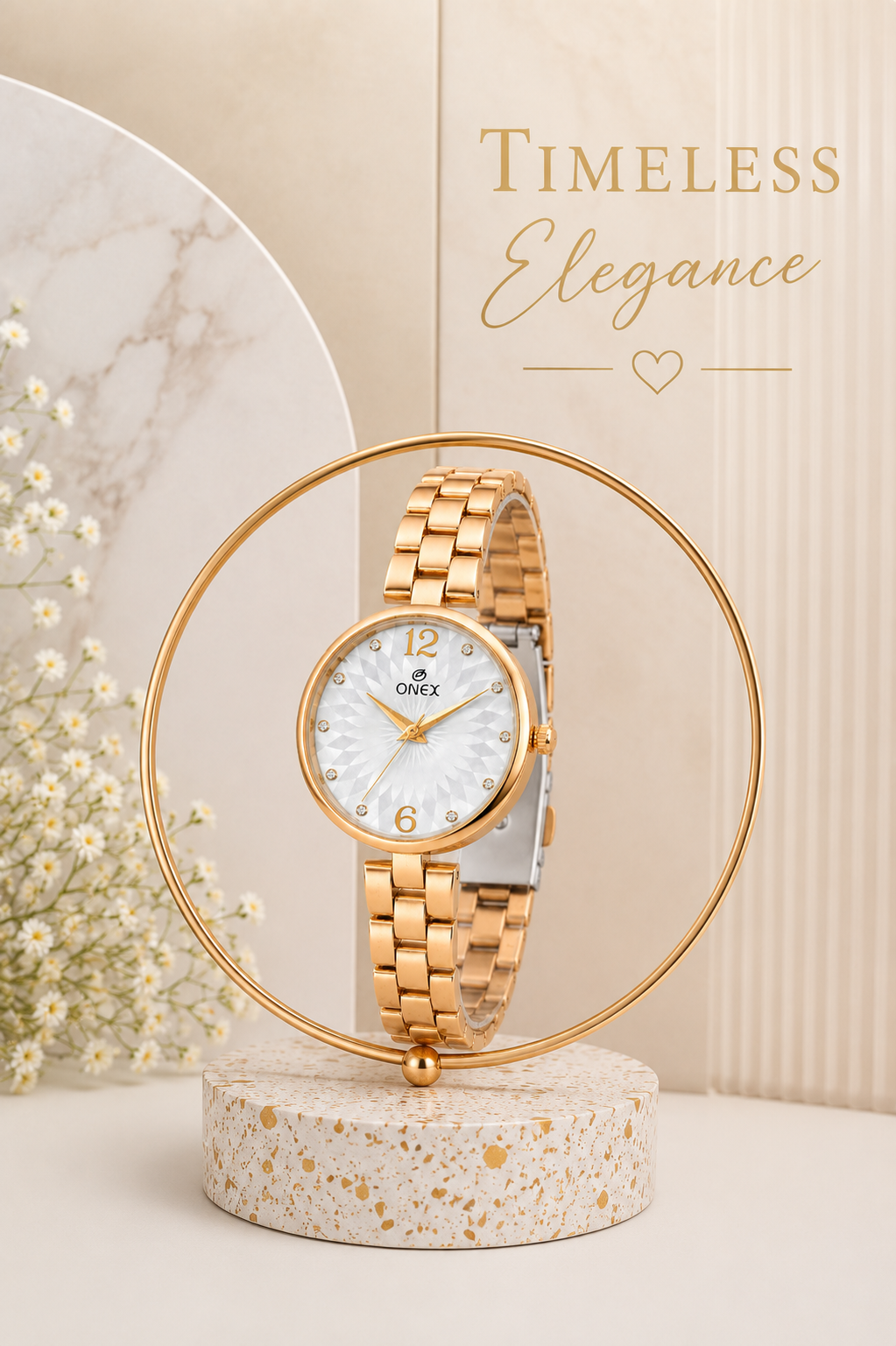 ONEX Women’s RoseGold-Tone Designer Bracelet Watch with Crystal Studded Dial Silver