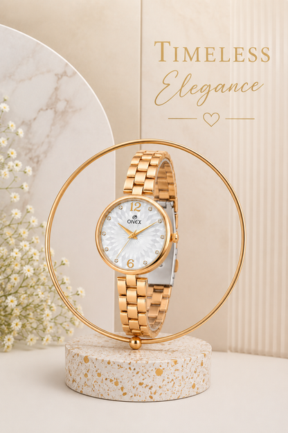 ONEX Women’s RoseGold-Tone Designer Bracelet Watch with Crystal Studded Dial Silver