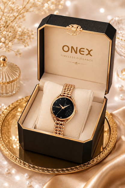 ONEX Elegant Rose Gold Bracelet Watch for Women | Stylish Black Dial Analog Watch | Party & Daily Wear
