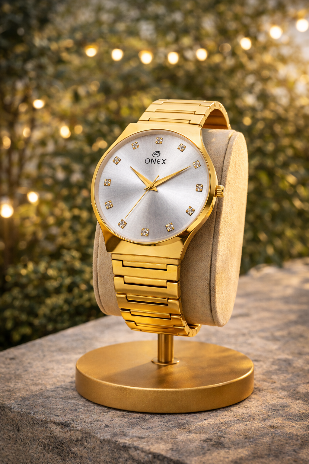 ONEX Premium Gold-Tone Analog Watch with Gold Sunray Dial & Crystal Hour Markers
