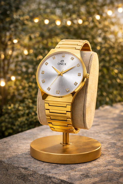 ONEX Premium Gold-Tone Analog Watch with Gold Sunray Dial & Crystal Hour Markers