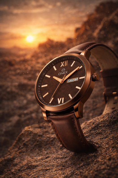 ONEX Men's Day & Date Analog Watch – Brown Dial, Brown Case & Brown Leather Strap