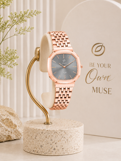 Onex Slim Rose Gold Stainless Steel Analog Watch for Women | Grey Sunray Dial | Elegant Bracelet Strap