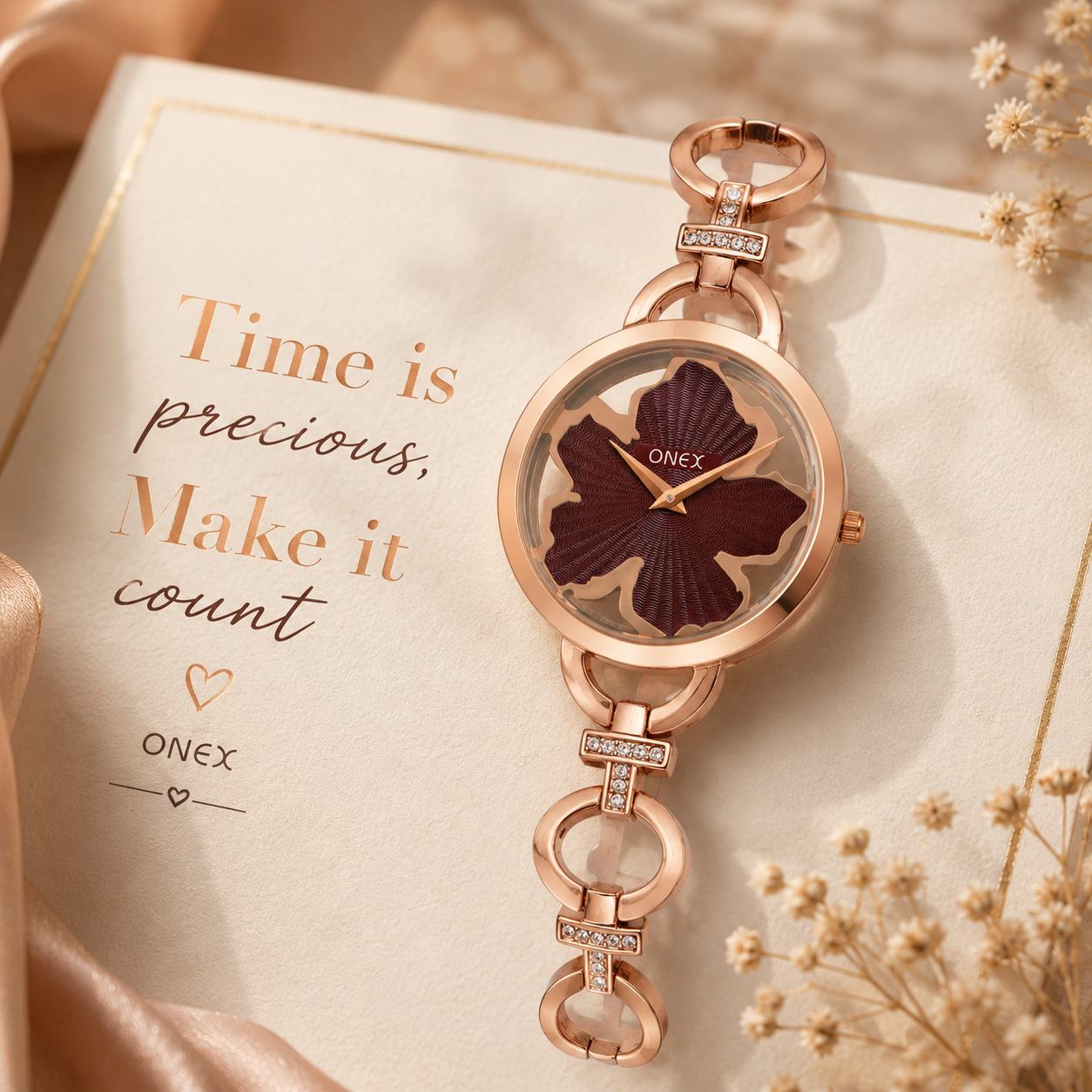 ONEX Rose Gold Women’s Bracelet Watch with Brown Textured Dial & Crystal Accents