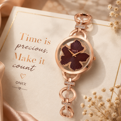 ONEX Rose Gold Women’s Bracelet Watch with Brown Textured Dial & Crystal Accents