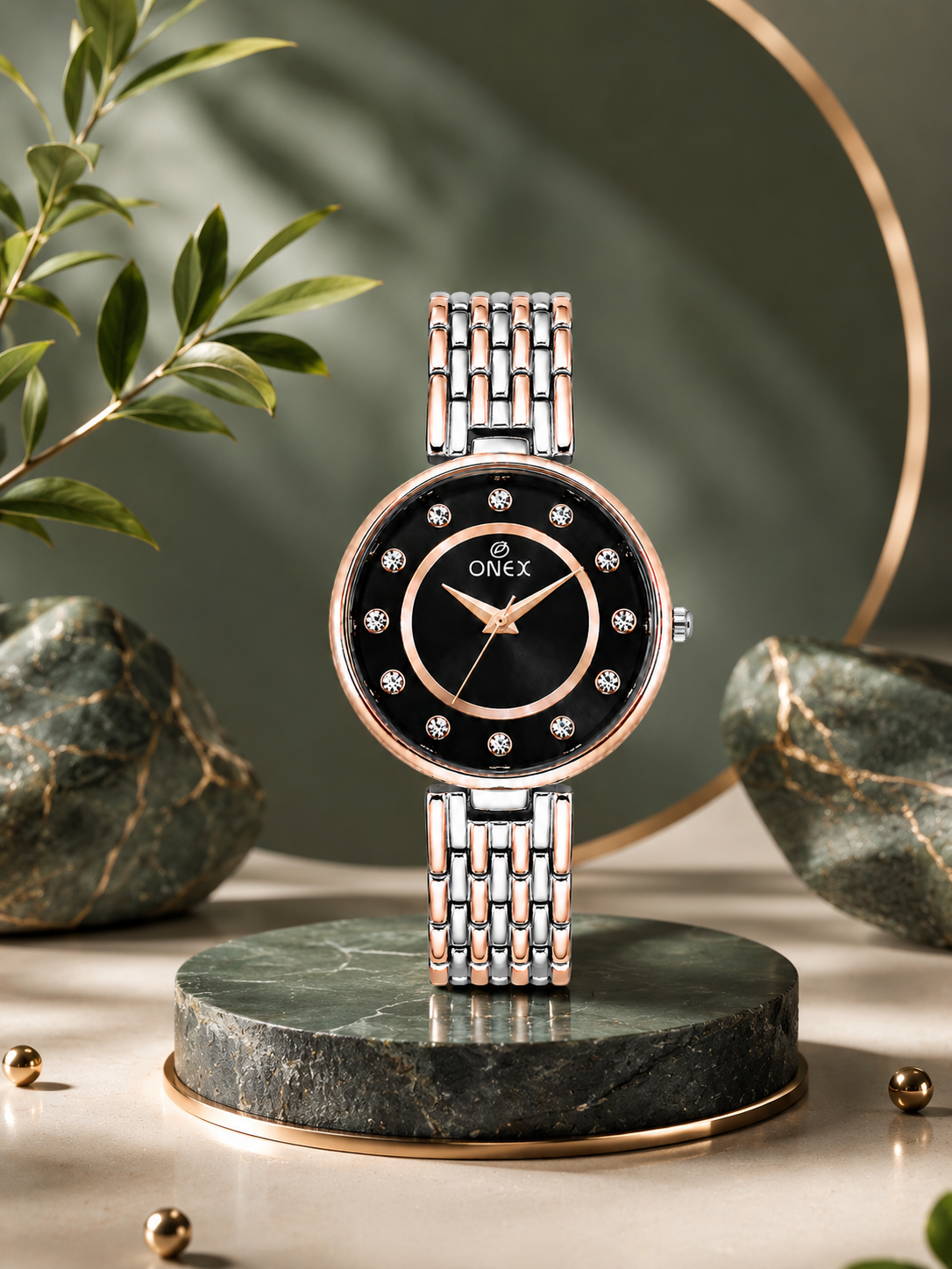 Onex Women’s Black Analog Watch with Crystal Studded Dial & Dual Tone Bracelet Strap