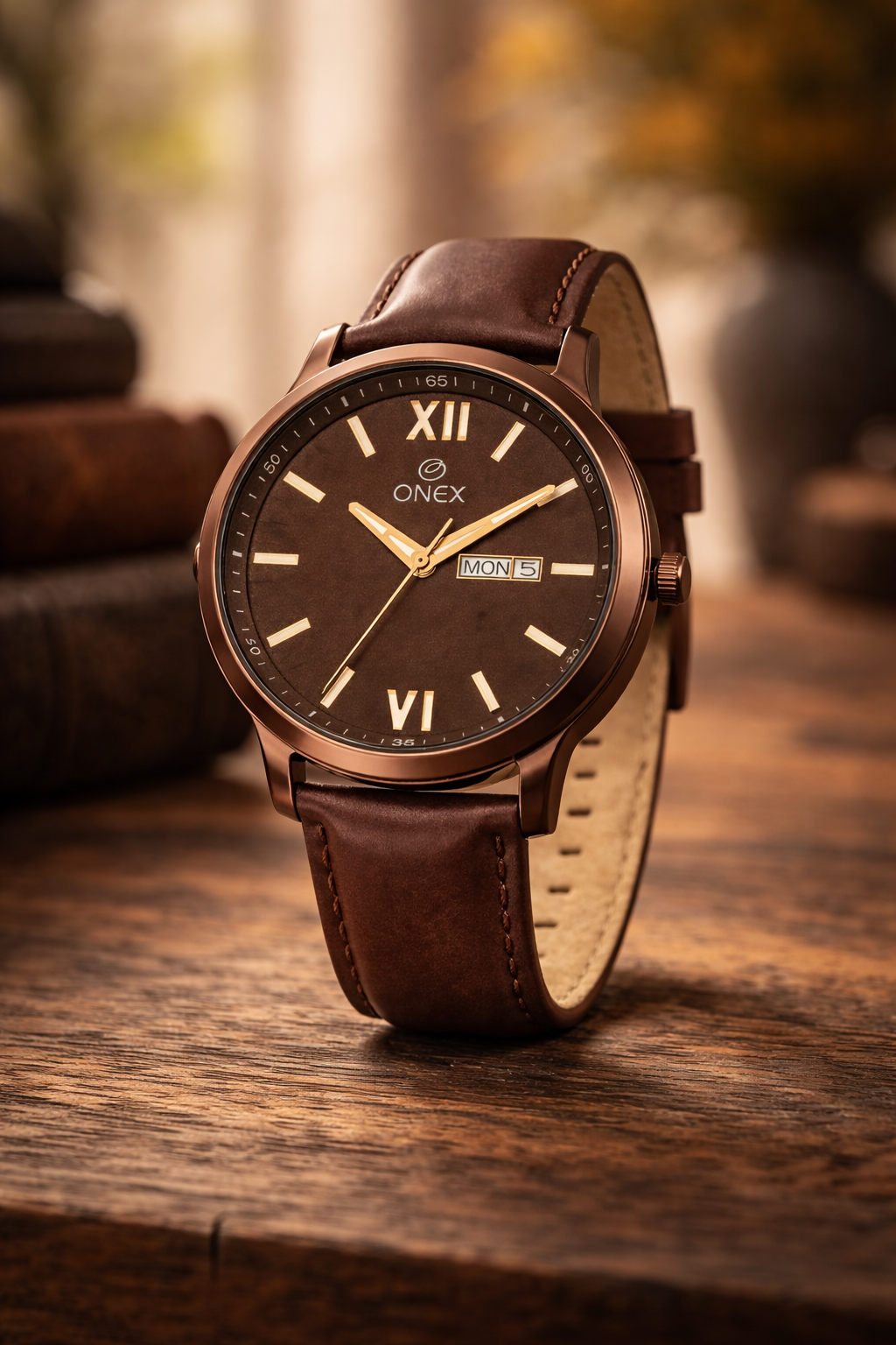 ONEX Men's Day & Date Analog Watch – Brown Dial, Brown Case & Brown Leather Strap