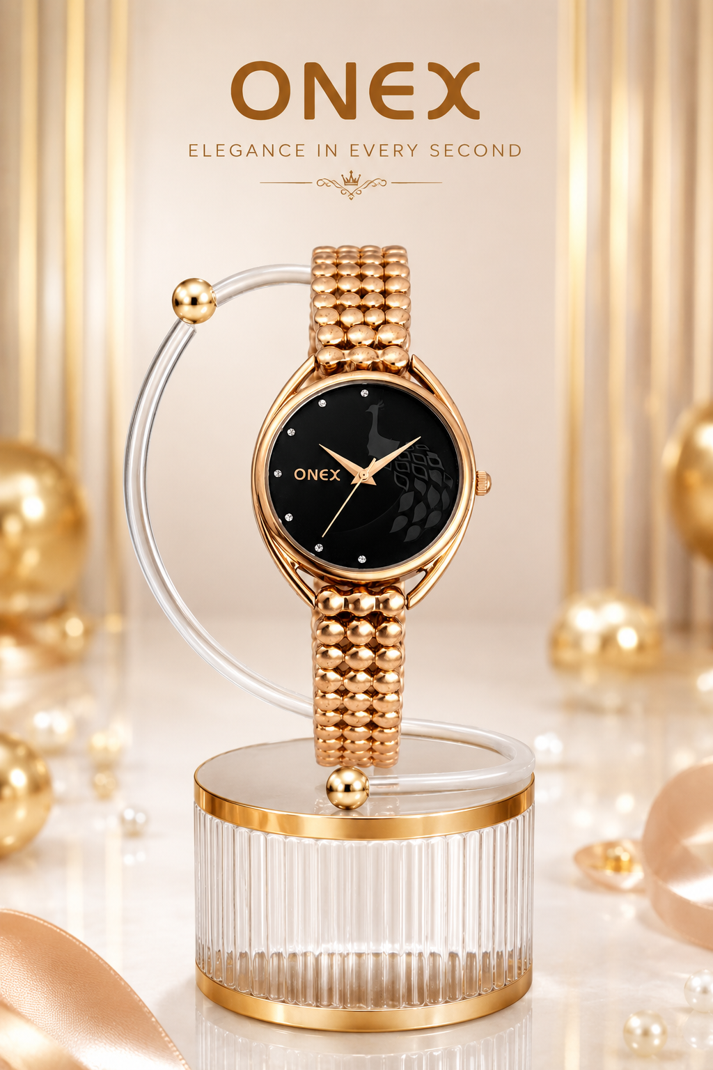 ONEX Elegant Rose Gold Bracelet Watch for Women | Stylish Black Dial Analog Watch | Party & Daily Wear