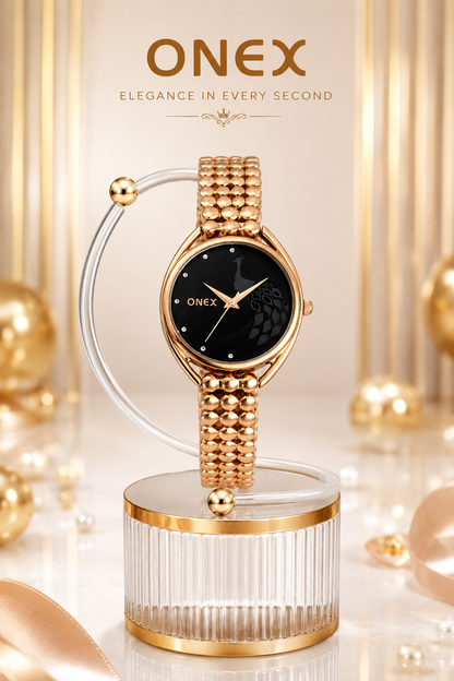 ONEX Elegant Rose Gold Bracelet Watch for Women | Stylish Black Dial Analog Watch | Party & Daily Wear