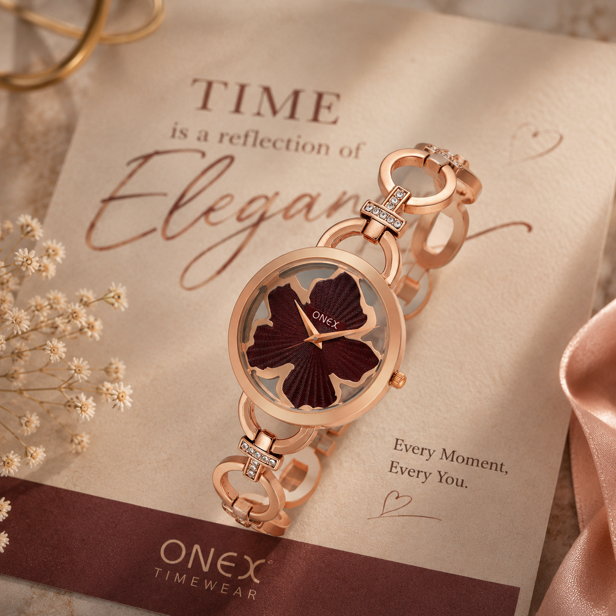 ONEX Rose Gold Women’s Bracelet Watch with Brown Textured Dial & Crystal Accents