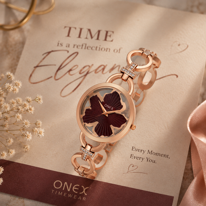 ONEX Rose Gold Women’s Bracelet Watch with Brown Textured Dial & Crystal Accents