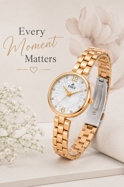 ONEX Women’s RoseGold-Tone Designer Bracelet Watch with Crystal Studded Dial Silver