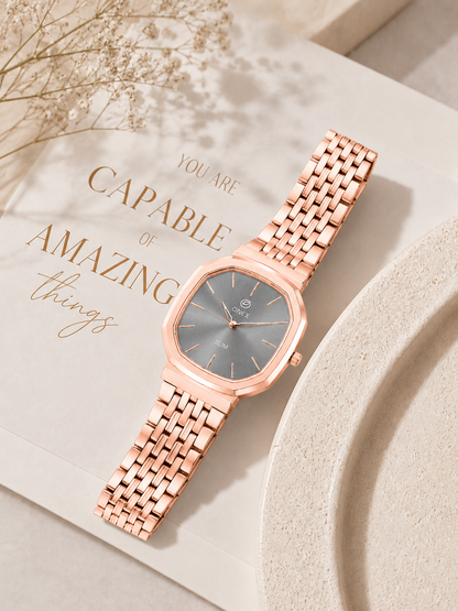 Onex Slim Rose Gold Stainless Steel Analog Watch for Women | Grey Sunray Dial | Elegant Bracelet Strap