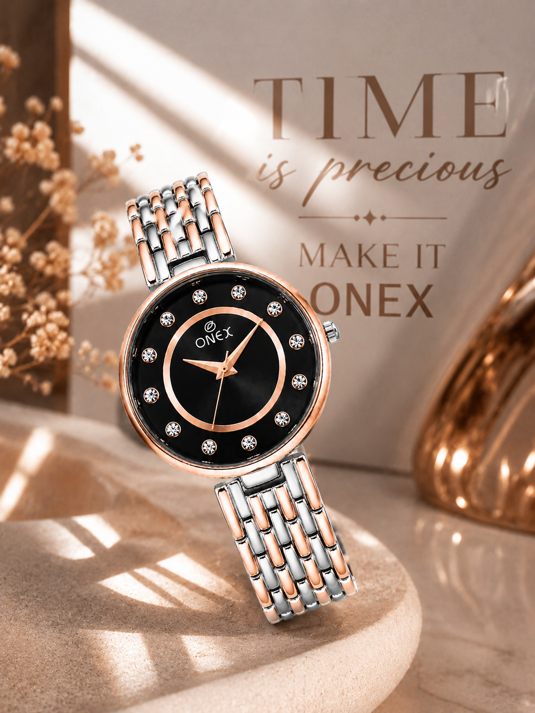 Onex Women’s Black Analog Watch with Crystal Studded Dial & Dual Tone Bracelet Strap