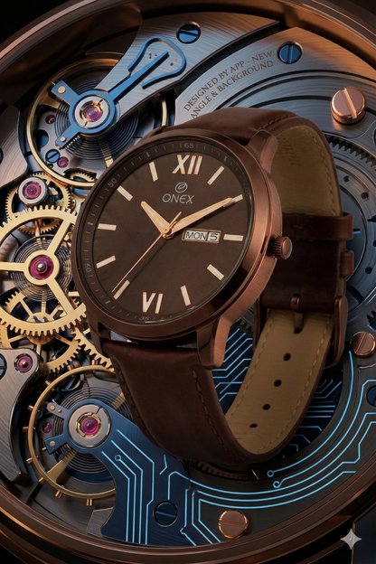 ONEX Men's Day & Date Analog Watch – Brown Dial, Brown Case & Brown Leather Strap