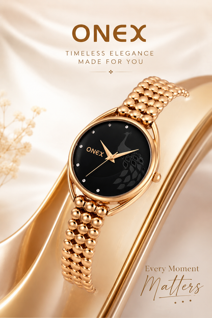 ONEX Elegant Rose Gold Bracelet Watch for Women | Stylish Black Dial Analog Watch | Party & Daily Wear