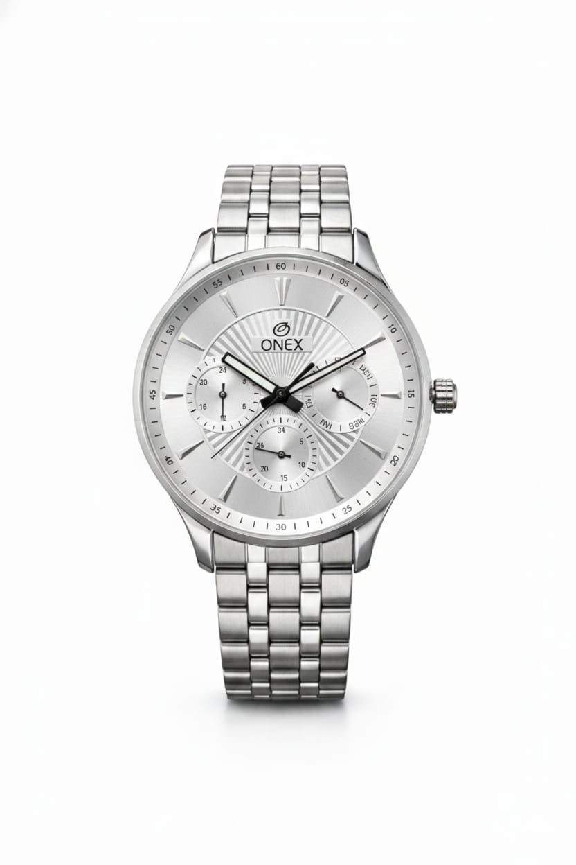 ONEX Men's Premium Multifunction Analog Watch for Men | Silver Sunray Dial | Silver Stainless Steel Bracelet | Quartz Movement | Stylish Casual & Formal Wrist Watch