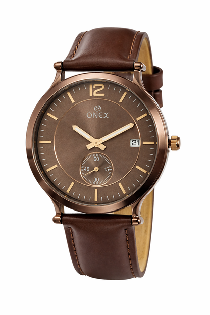 ONEX Men's Analog Watch | Brown Dial with Rose Gold Case | Brown Leather Strap | Date Display | Premium Quartz Watch for Men