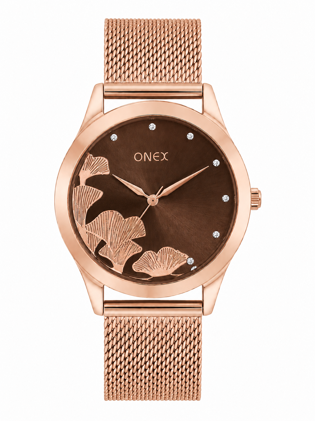 ONEX Women's Rose Gold Mesh Strap Analog Watch with Crystal Hour Markers & Elegant Floral Sunray Brown Dial