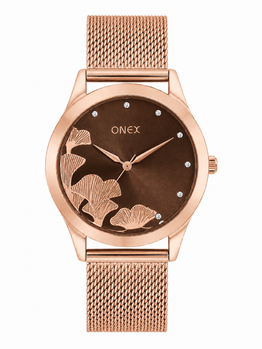 ONEX Women's Rose Gold Mesh Strap Analog Watch with Crystal Hour Markers & Elegant Floral Sunray Brown Dial