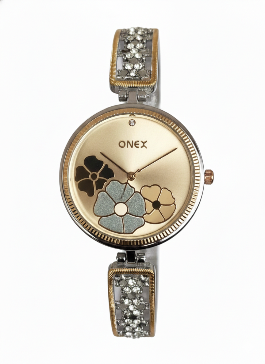 ONEX Women's Gold-Silver Floral Designer Analog Watch with Gold Dial & Crystal Bracelet | Premium Quartz Wrist Watch