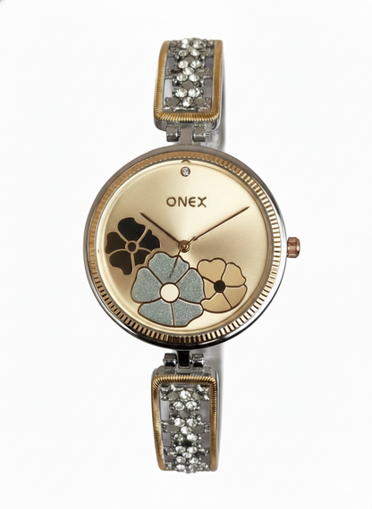 ONEX Women's Gold-Silver Floral Designer Analog Watch with Gold Dial & Crystal Bracelet | Premium Quartz Wrist Watch