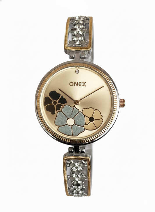 ONEX Women's Gold-Silver Floral Designer Analog Watch with Gold Dial & Crystal Bracelet | Premium Quartz Wrist Watch