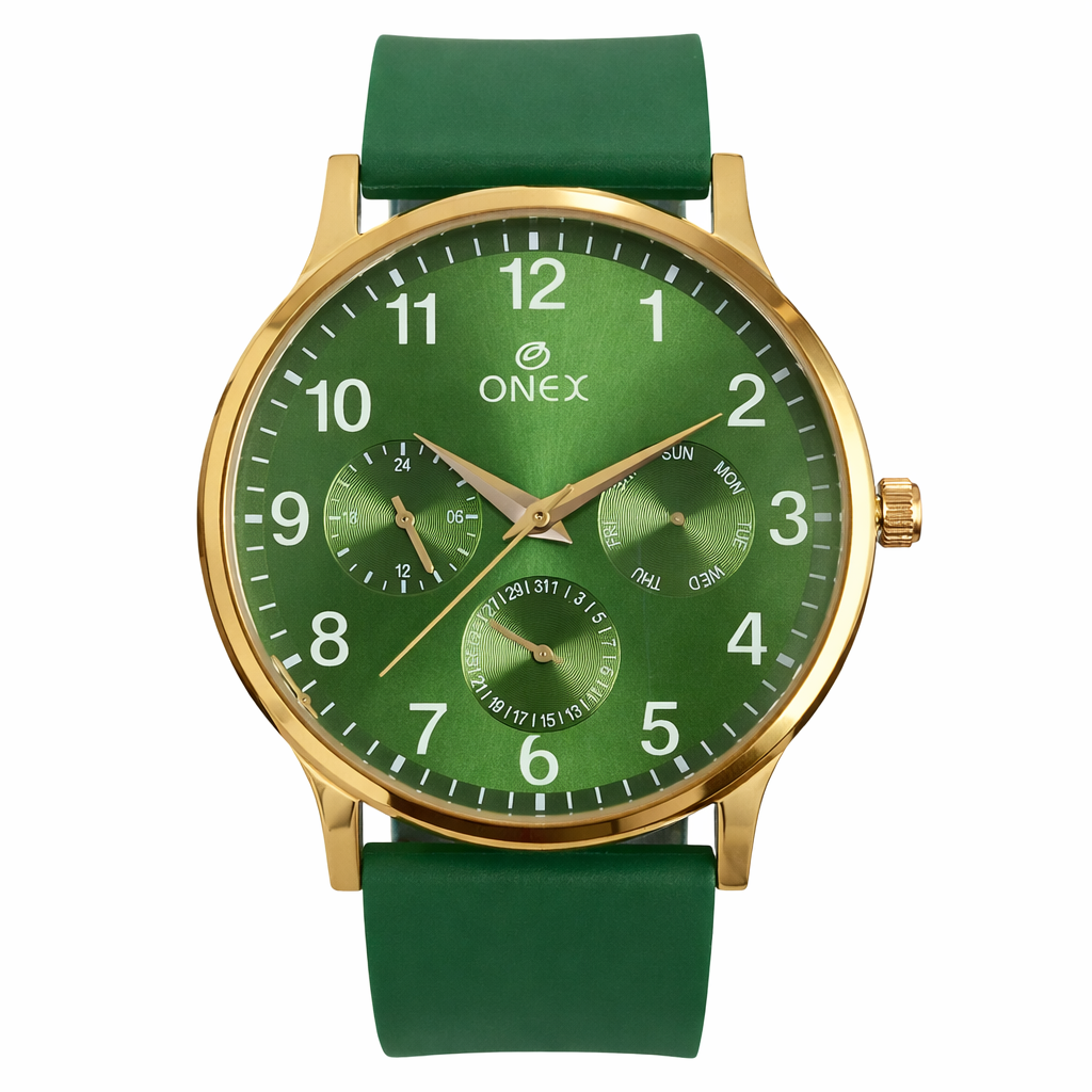 ONEX Men's Multifunction Analog Watch | Green Dial with Day-Date Display | Green Silicone Strap | Stylish Casual & Formal Wrist Watch for Men