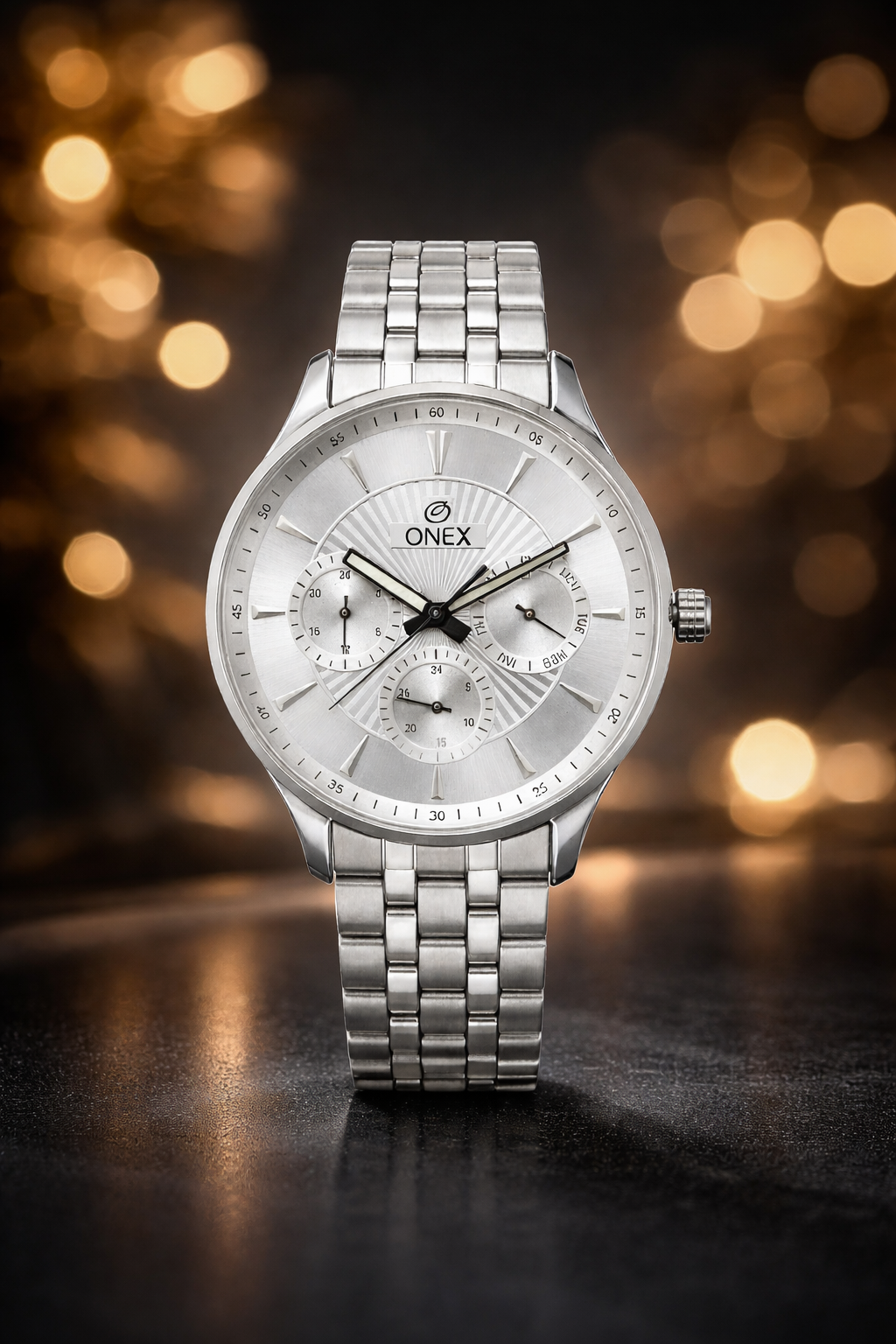 ONEX Men's Premium Multifunction Analog Watch for Men | Silver Sunray Dial | Silver Stainless Steel Bracelet | Quartz Movement | Stylish Casual & Formal Wrist Watch