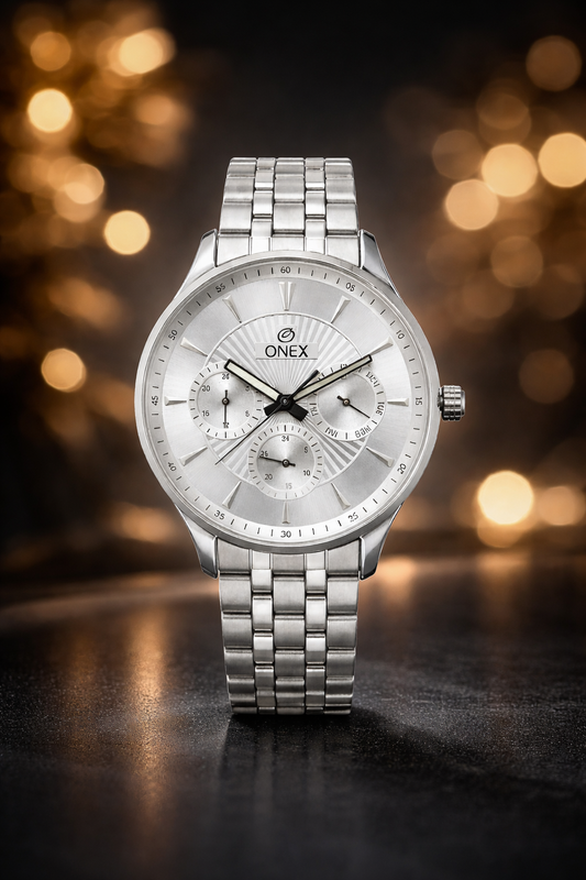 ONEX Men's Premium Multifunction Analog Watch for Men | Silver Sunray Dial | Silver Stainless Steel Bracelet | Quartz Movement | Stylish Casual & Formal Wrist Watch