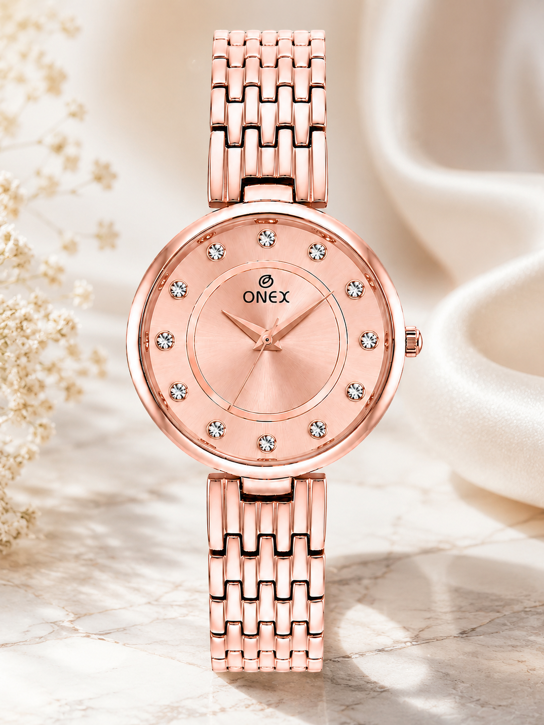 Onex Women’s Rose Gold Analog Watch with Crystal Studded Dial & Stainless Steel Bracelet