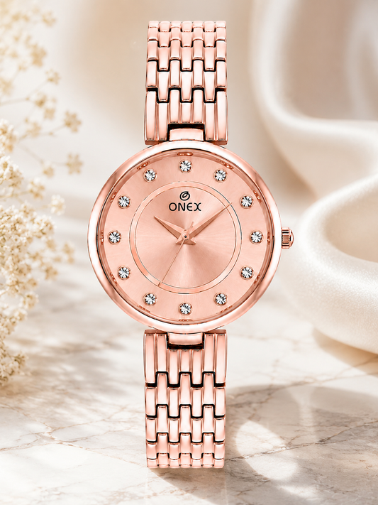 Onex Women’s Rose Gold Analog Watch with Crystal Studded Dial & Stainless Steel Bracelet